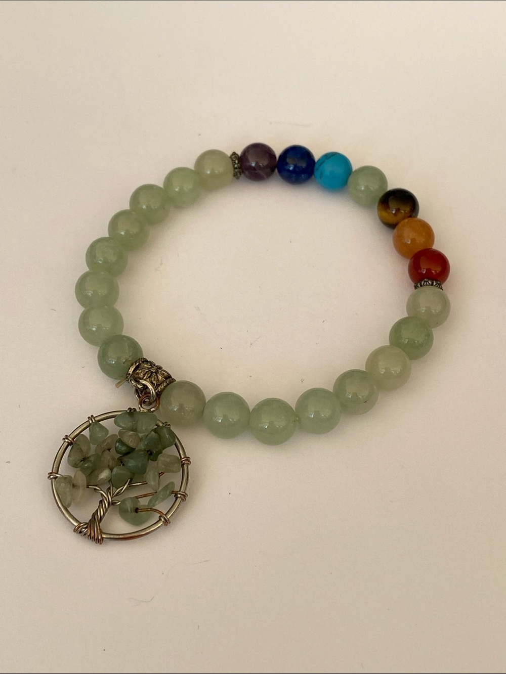Multi-Gem stone Green Beaded Chakra Bracelet with Tree of Life Charm